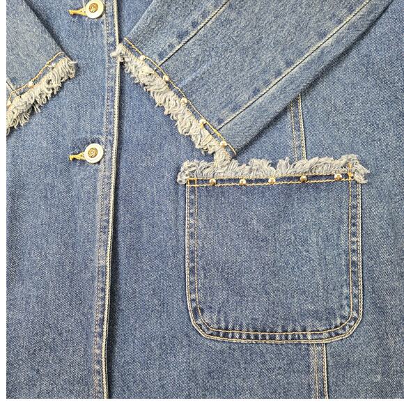 Vintage Cervelle Long Fitted Denim Jacket Jean Blazer Frayed Stud Trim sz Large - Picture 11 of 15